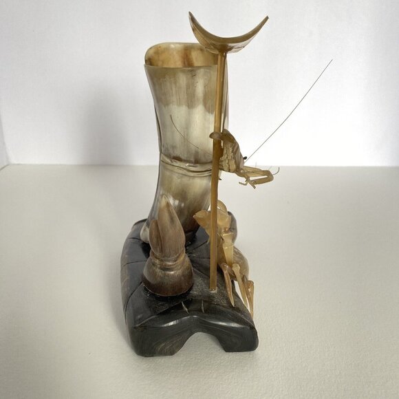 Crab Shrimp Lotus Hand Carved Animal Horn Sculpture Pen Holder Vintage Desk Set - Picture 11 of 16
